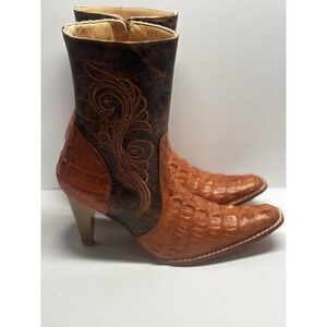 Carrilleras Boots Crocodile‎ 7 Embossed Embroidered Pointed Toe Cowgirl Heels